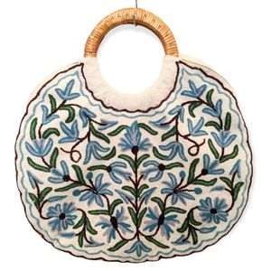 Vintage Crochet Floral Boho Tote Bag with Circle Wicker Handle- Cream Blue Green